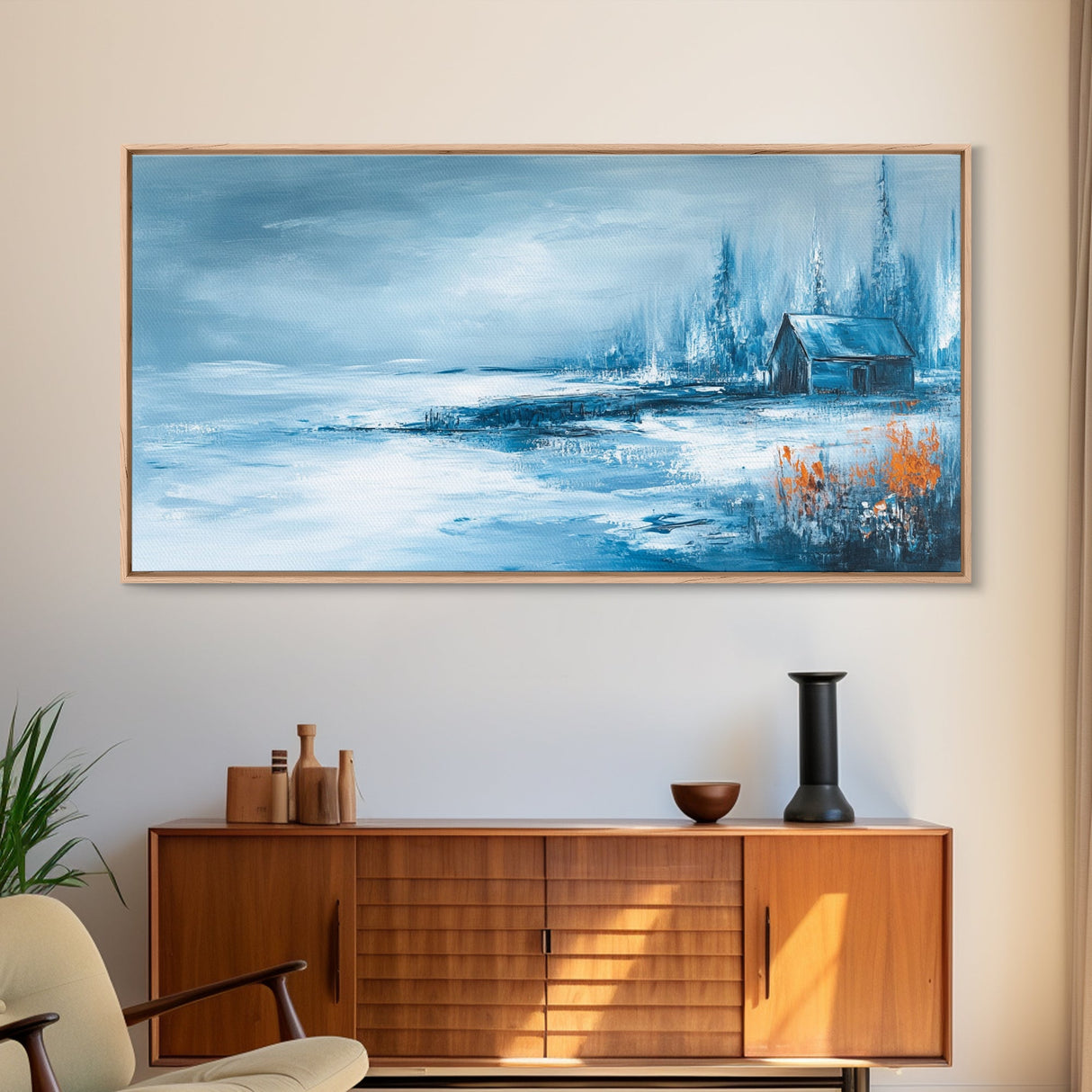 Winter Cabin, Framed Canvas Print, landscape painting, rustic decor, farmhouse art, moody art, above couch art, extra wide art