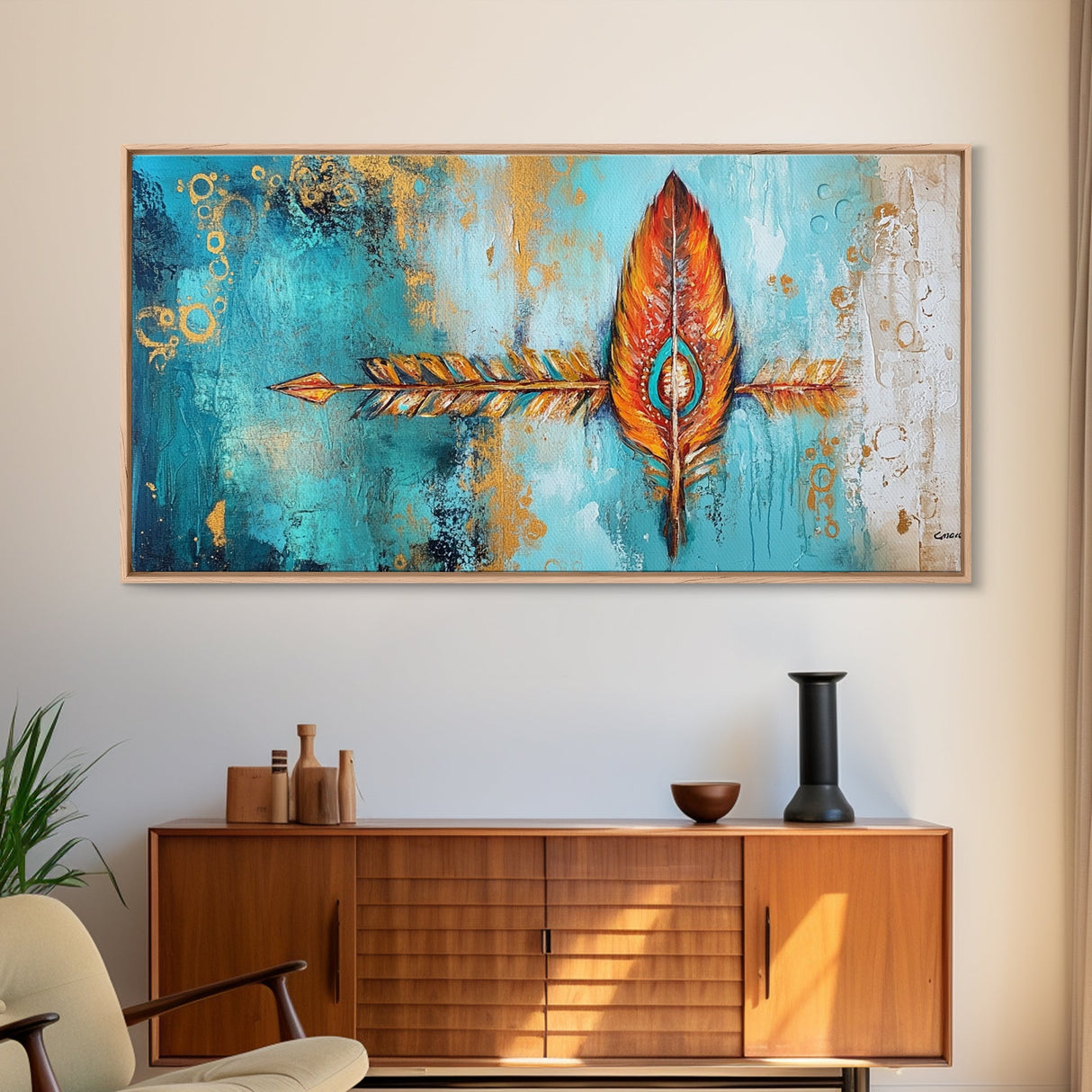Tribal Arrow, Framed Canvas Print, geometric wall art, teal wall art, sacred geometry wall art, boho art, extra wide art