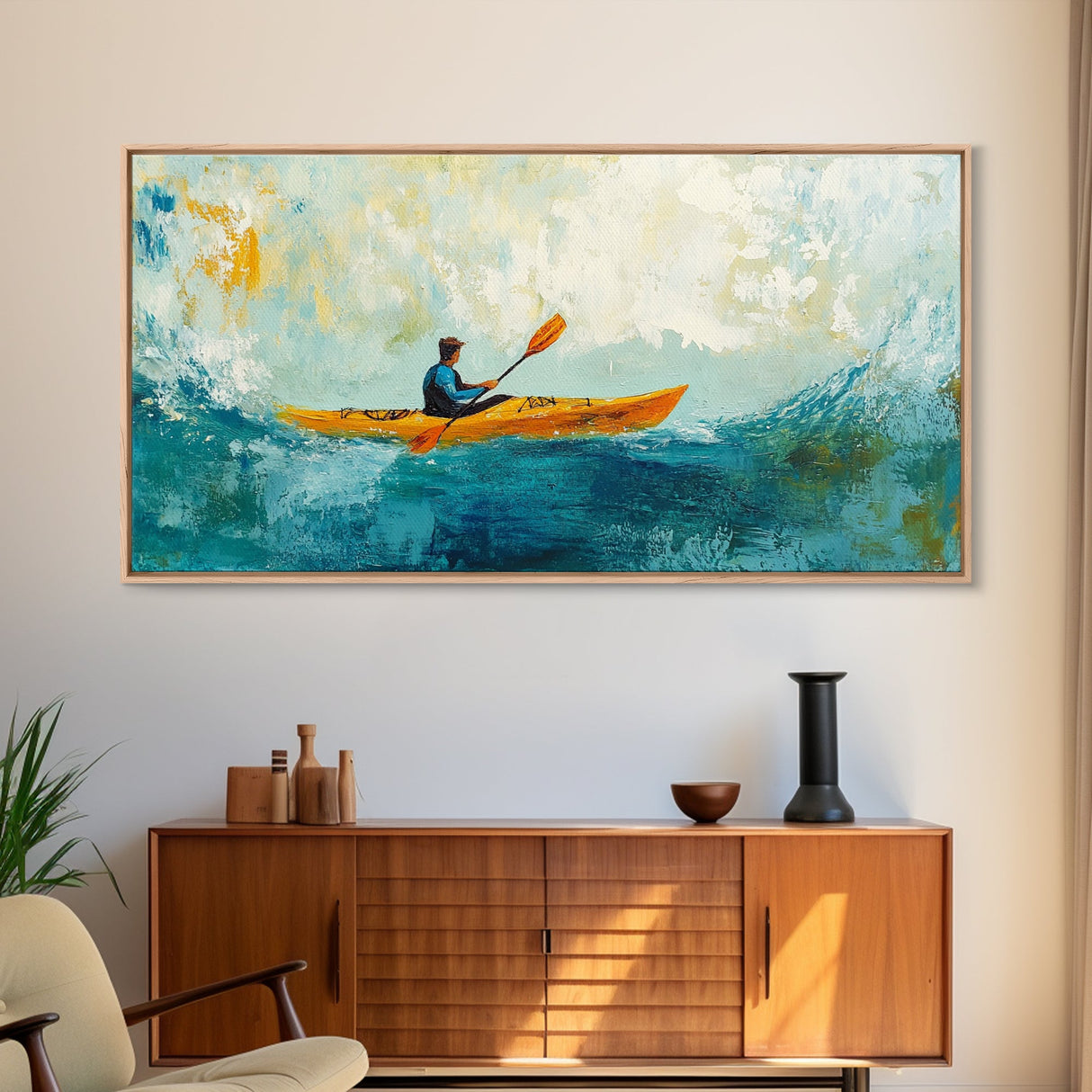 Kayaker at Sea, Canvas Print, fisherman painting, coastal painting, seascape painting, nautical decor, surf wall art, extra wide art