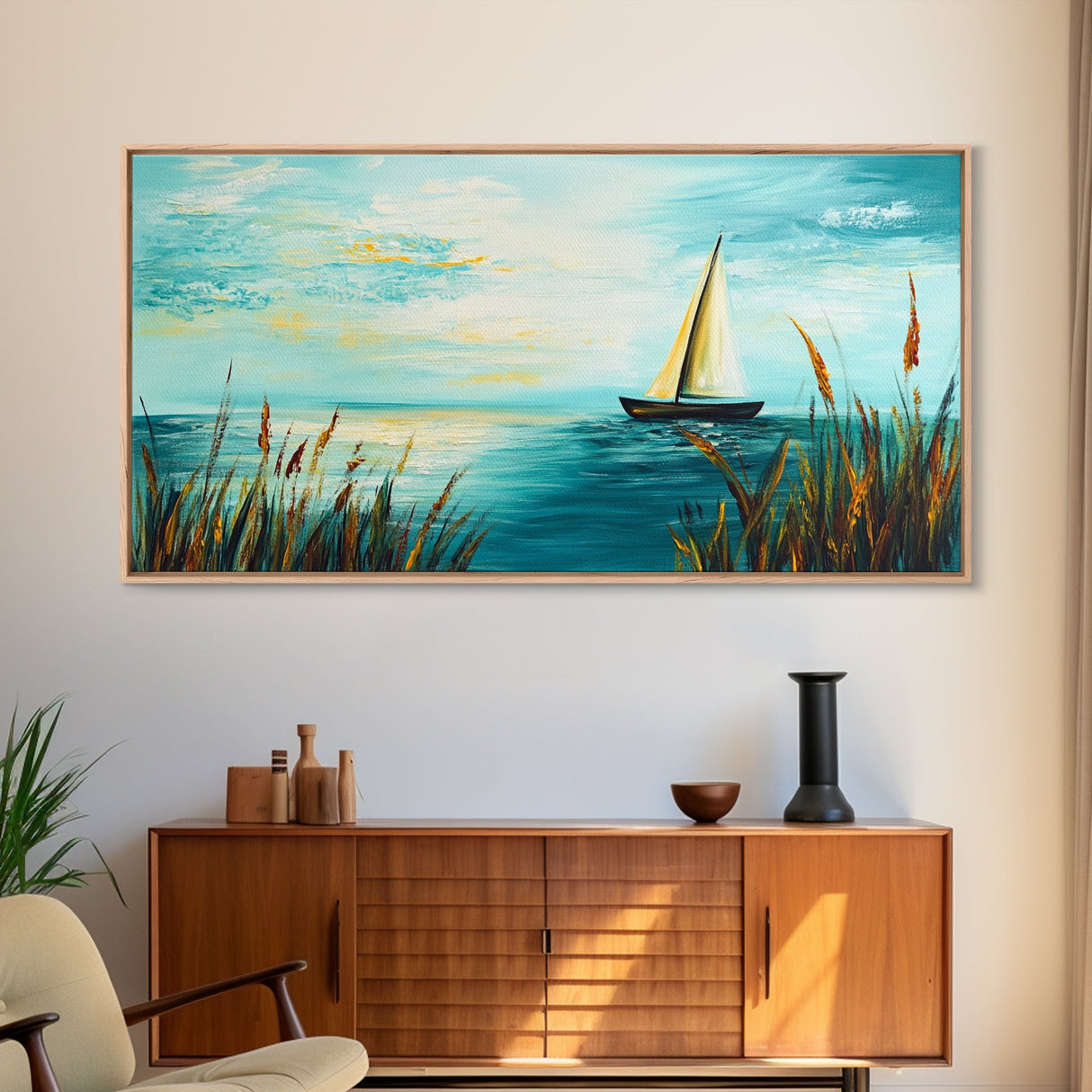 Serene Sailboat, Canvas Print, sailboat painting, coastal painting, nautical wall art, blue and green wall art, extra wide art