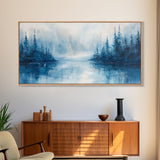 Misty Lake Scene, Moody Art, Pine Tree Art, Landscape Painting, Framed Canvas Print, Bedroom Art, Above Bed Wall Art