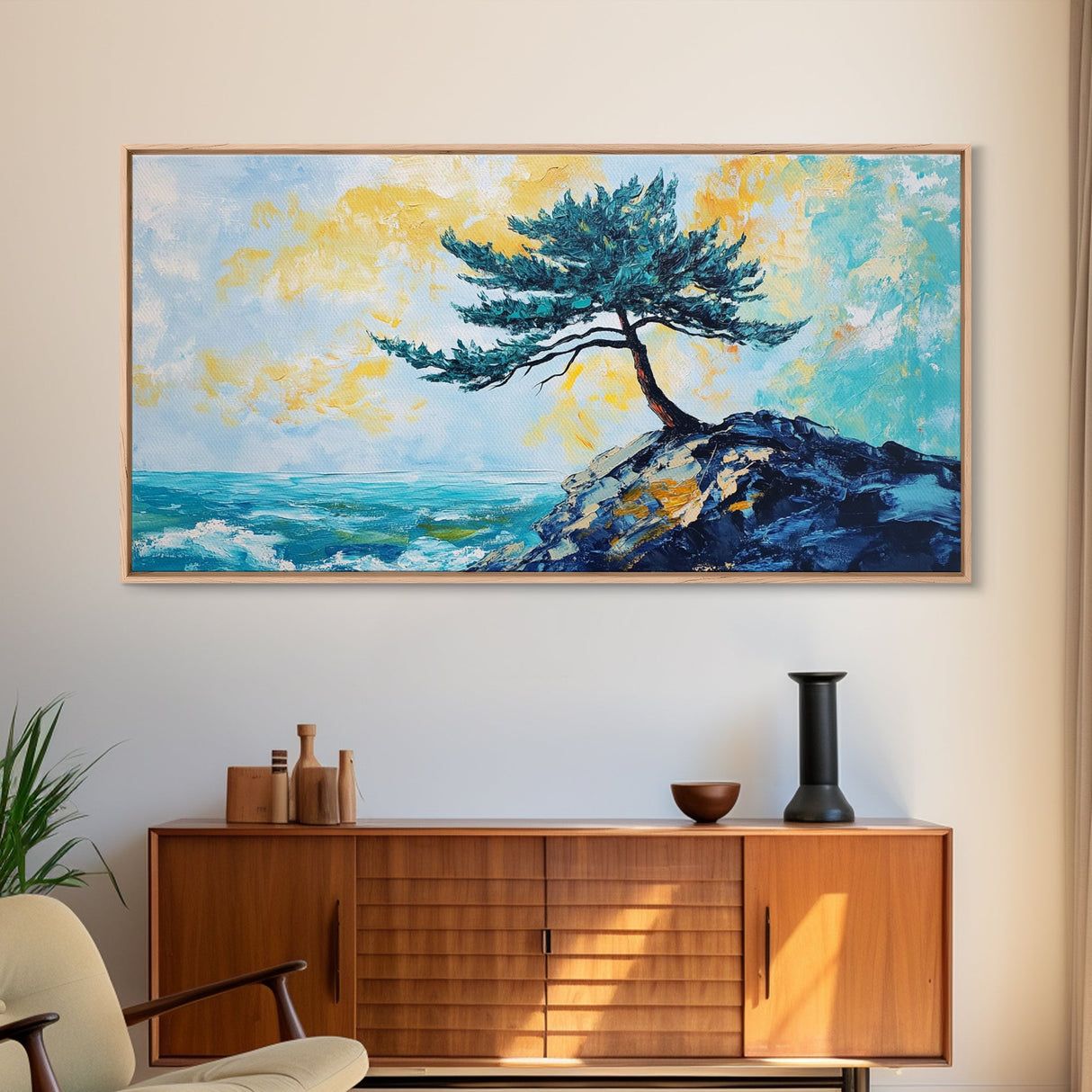Windswept Pine Tree, Coastal Painting, Landscape Painting, Framed Canvas Print, Bedroom Art, Above Couch Art, Minimalist Art