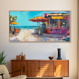 Beach Bar, Coastal Landscape Art, Tropical Art, Nautical Wall Art, Ocean Painting, Extra Wide Art, Framed Canvas Print, Rustic Wall Art