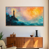 Lighthouse Sunset, coastal painting, nautical wall art, seascape painting, lighthouse art, framed canvas print, panoramic art