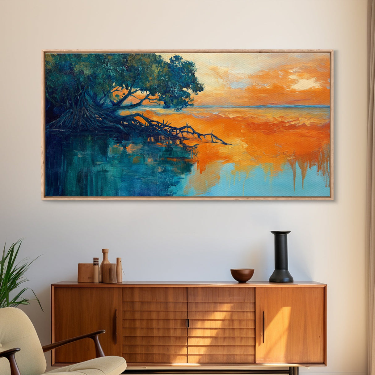 Mangrove Sunset Painting, coastal landscape art, blue and green wall art, seascape painting, nautical wall art, framed canvas print