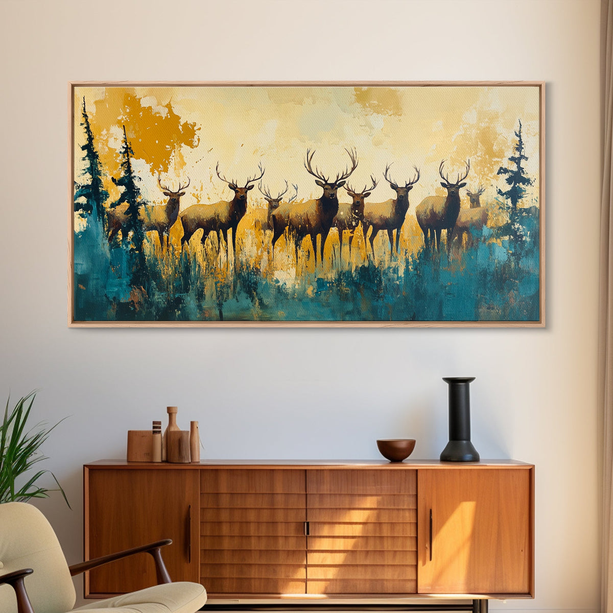 Deer Herd Painting, rustic wall art, farmhouse art, wildlife painting, nature painting, framed canvas print, woodland decor