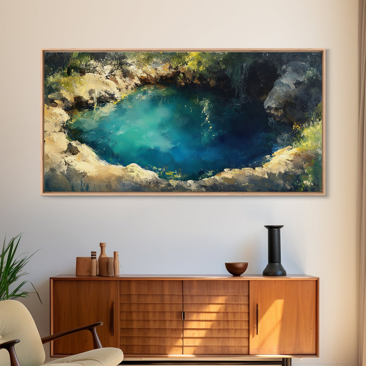 Hidden Lagoon Painting, landscape painting, blue and green wall art, wabi sabi wall art, framed canvas print, nature painting