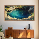 Hidden Lagoon Painting, landscape painting, blue and green wall art, wabi sabi wall art, framed canvas print, nature painting