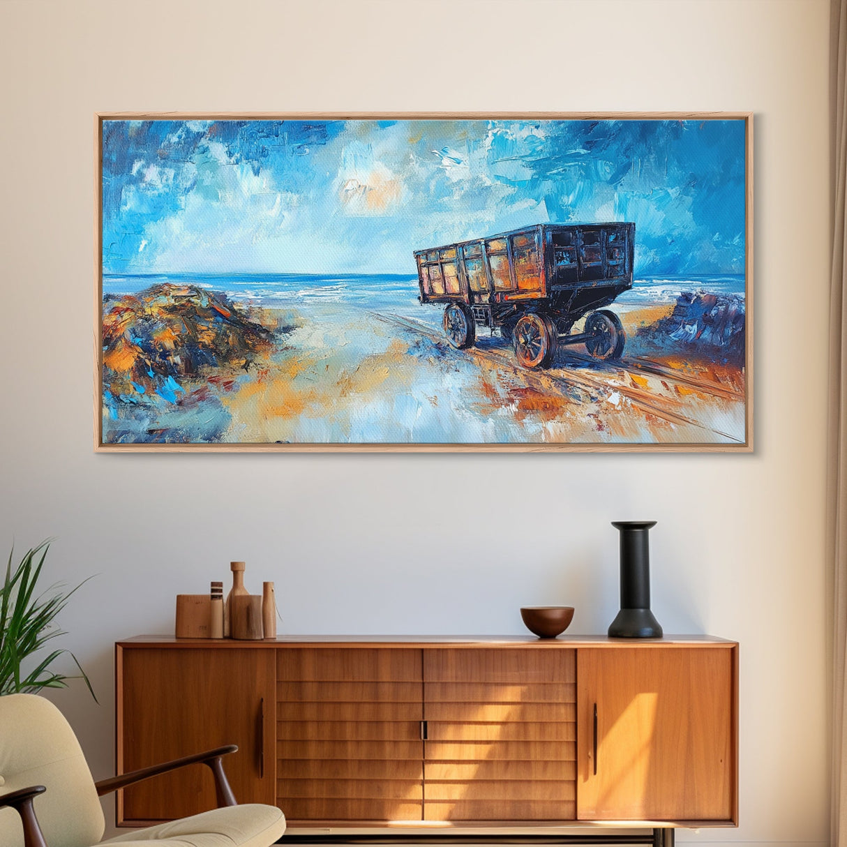 Rustic Wagon, coastal landscape art, framed canvas print, vintage horse art, farmhouse art, extra wide art, panoramic painting