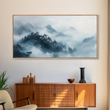 Misty Mountain, chinoiserie wall art, framed canvas print, zen wall art, mountain painting, panoramic painting, extra wide art