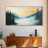 Foggy Pines, smoky mountain art, framed canvas print, forest at dusk painting, pine tree art, above bed wall art, rustic decor