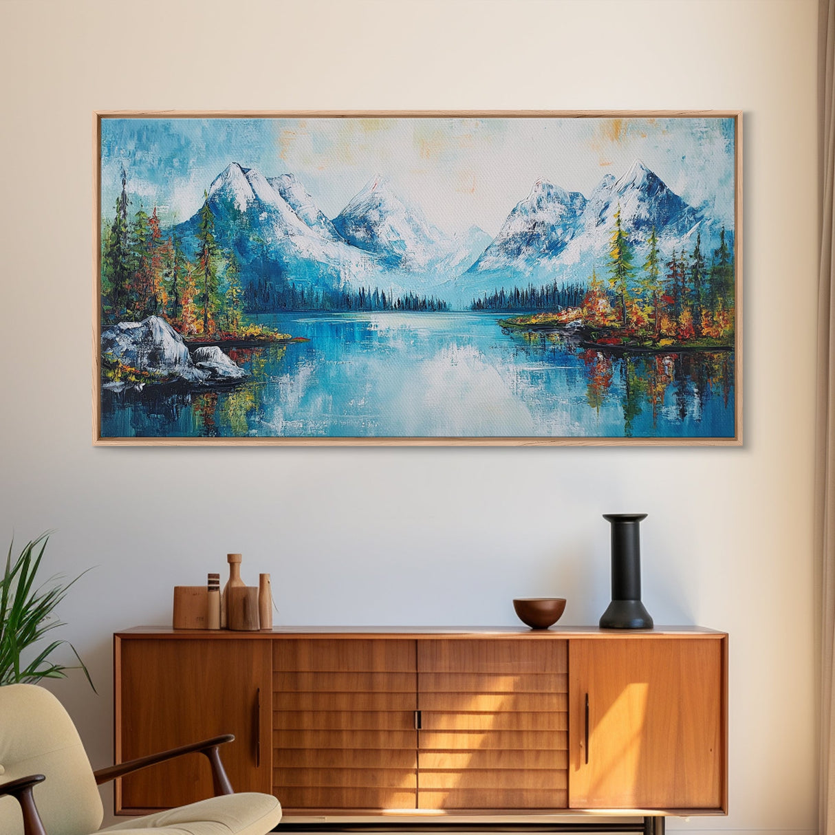 Snowy Peaks, mountain painting, framed canvas print, landscape painting, extra wide art, rustic wall art, above bed wall art