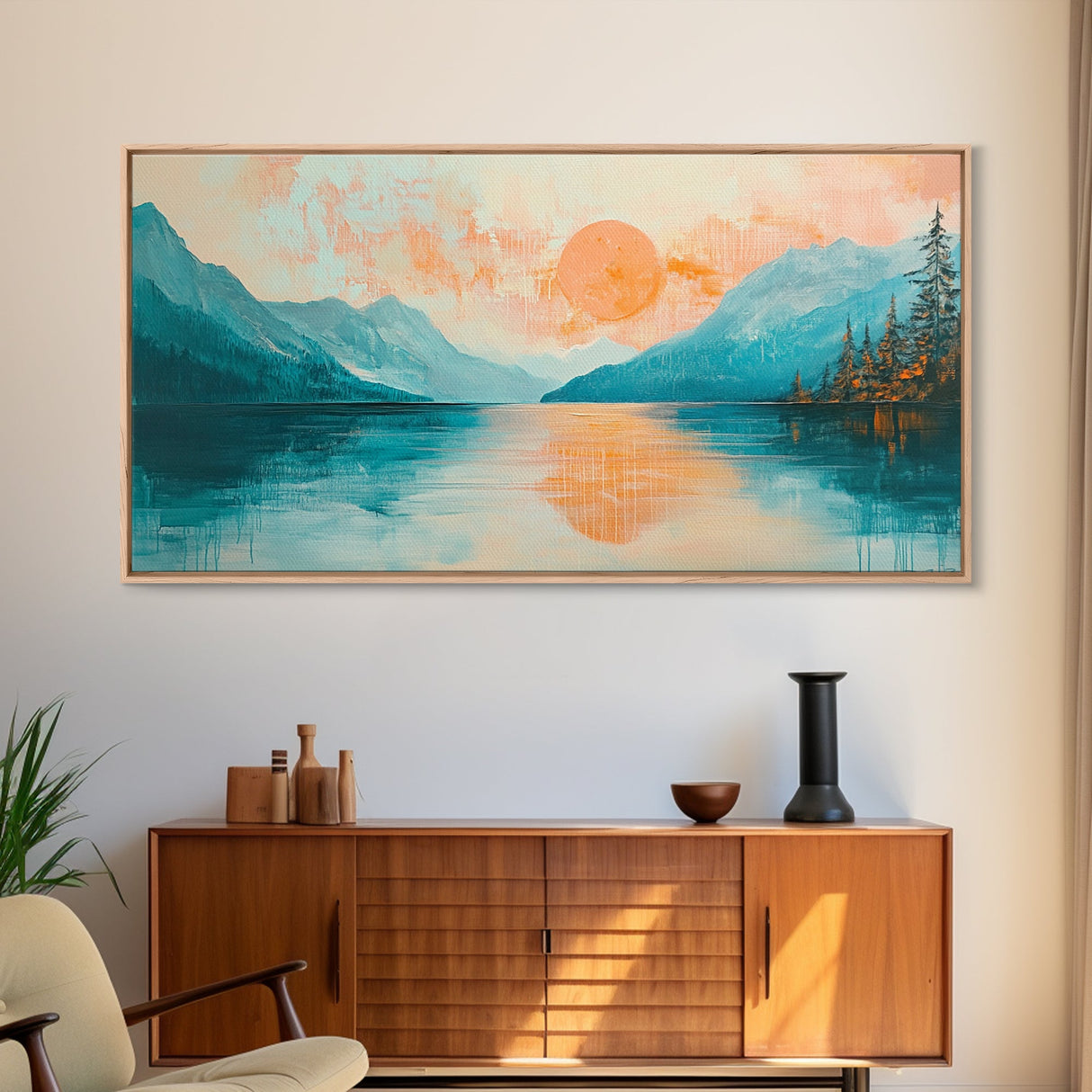Sunset Lake, lake Tahoe art, framed canvas print, pink orange wall art, horizontal wall art, seascape painting, coastal decor