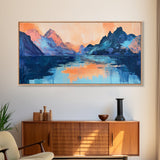Twilight Peaks, pink orange wall art, framed canvas print, panoramic painting, above sofa art, extra wide art, landscape painting