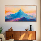 Blue Mountain, Sunset Landscape, Panoramic Art, Canvas Print, Mountain Painting, Pink Orange Wall Art, Extra Wide Art, Living Room Art