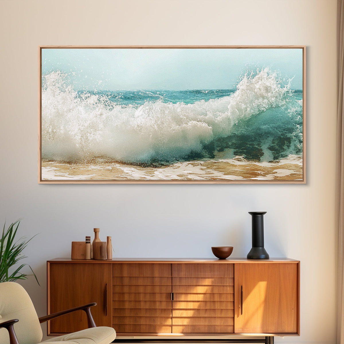 Ocean Wave, Beach Splash, Panoramic Art, Framed Canvas Print, Surf Wall Art, Nautical Decor, Coastal Wall Art, Extra Wide Art