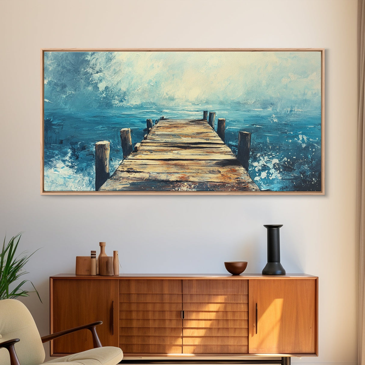 Rustic Dock, Nautical Wall Art, Framed Canvas Print, Coastal Landscape Art, Ocean Painting, Seascape Painting, Extra Wide Art