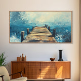 Rustic Dock, Nautical Wall Art, Framed Canvas Print, Coastal Landscape Art, Ocean Painting, Seascape Painting, Extra Wide Art