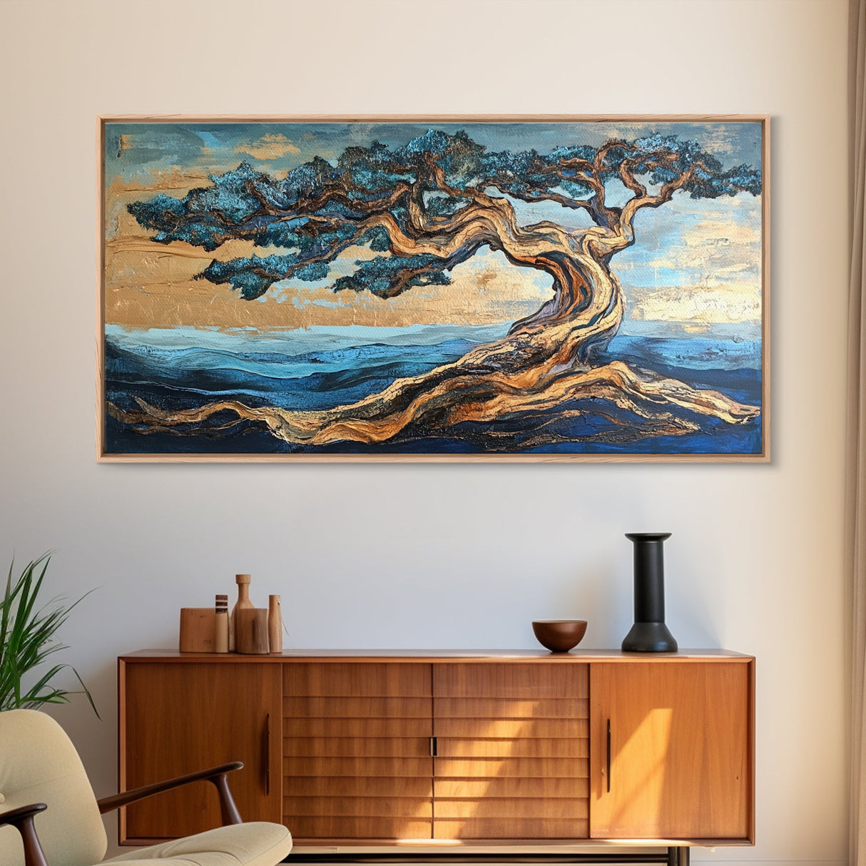 Twisted Tree, Oak Tree Art, Canvas Print, Coastal Landscape Art, Nature Painting, Rustic Wall Art, Blue And Green Wall Art