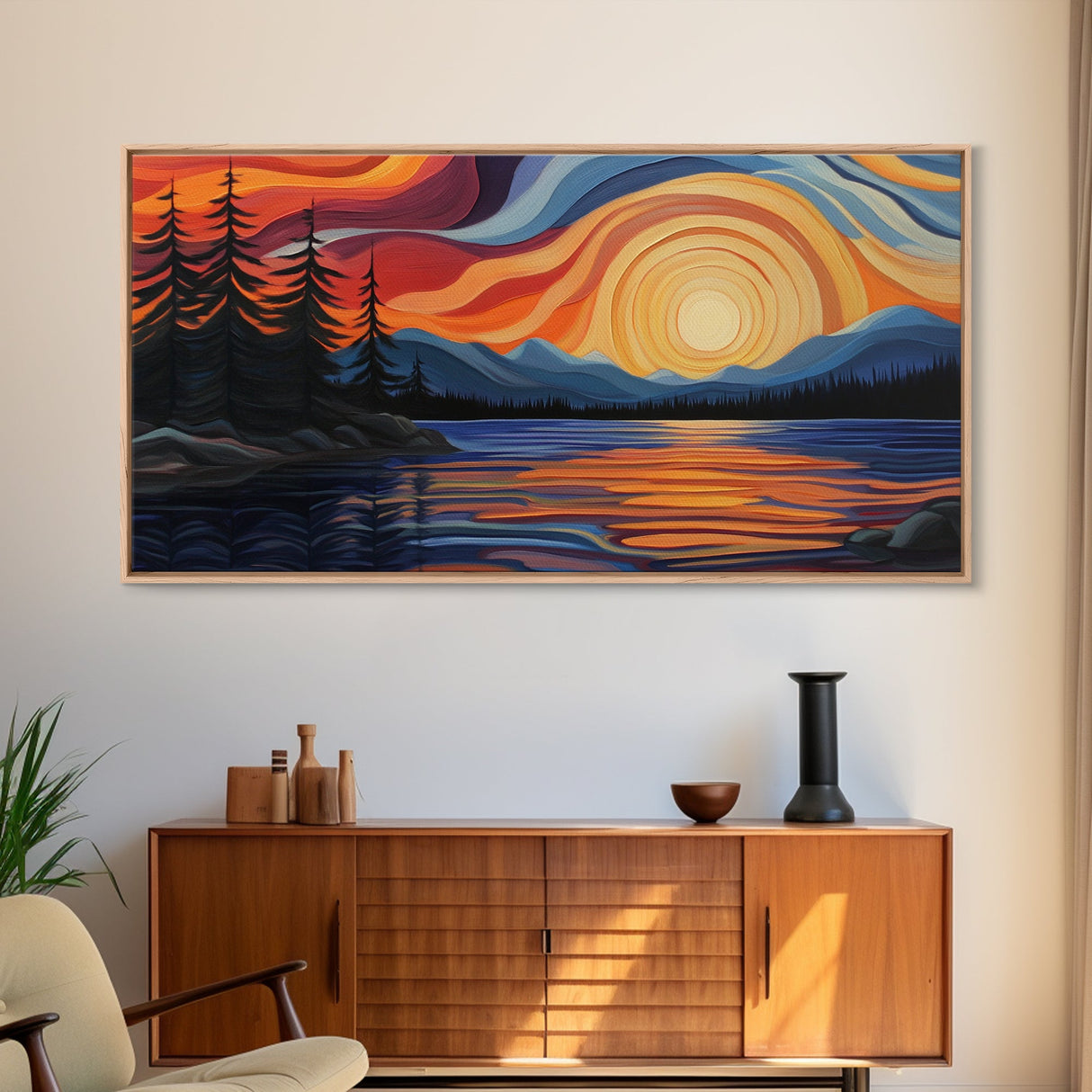 Sunset Lake, Mountain Painting, Framed Canvas Print, Pine Tree Art, Pink Orange Wall Art, Rustic Art, Landscape Painting