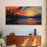 Sunset Lake, Mountain Painting, Framed Canvas Print, Pine Tree Art, Pink Orange Wall Art, Rustic Art, Landscape Painting
