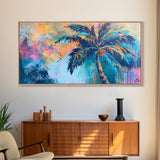 Palm tree painting, coastal wall art, framed canvas print, tropical art, boho art, surf wall art, extra wide art, vibrant wall decor
