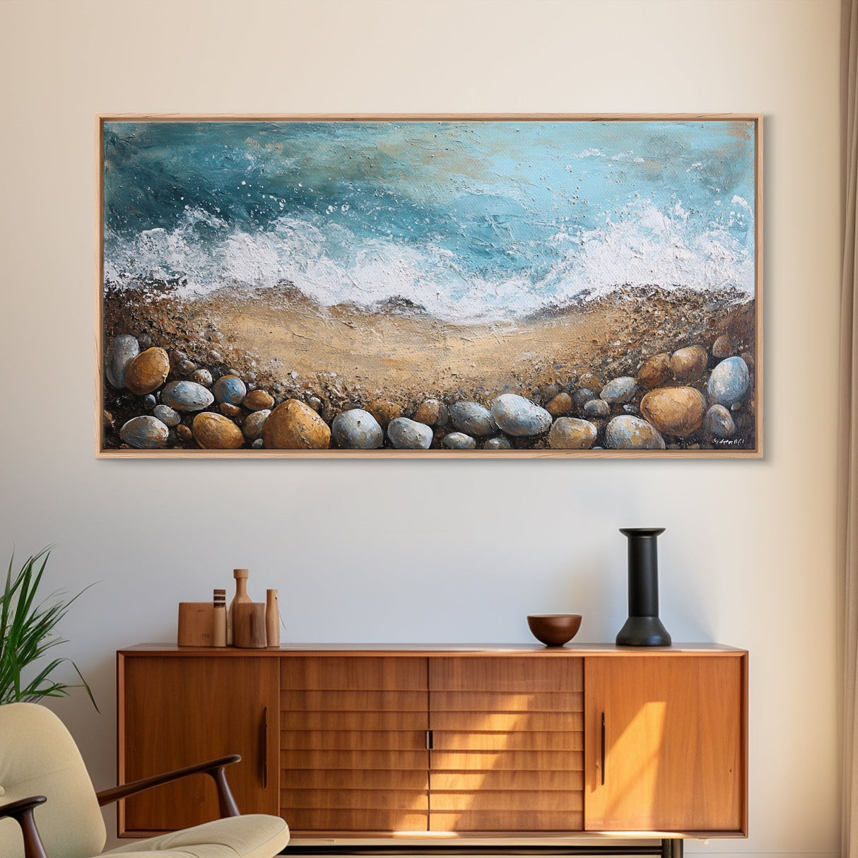 Oyster painting, coastal decor, framed canvas print, seascape painting, nautical wall art, extra wide art, textured beach painting