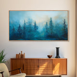 Pine tree art, smoky mountain art, framed canvas print, misty forest painting, rustic wall art, extra wide art, moody landscape