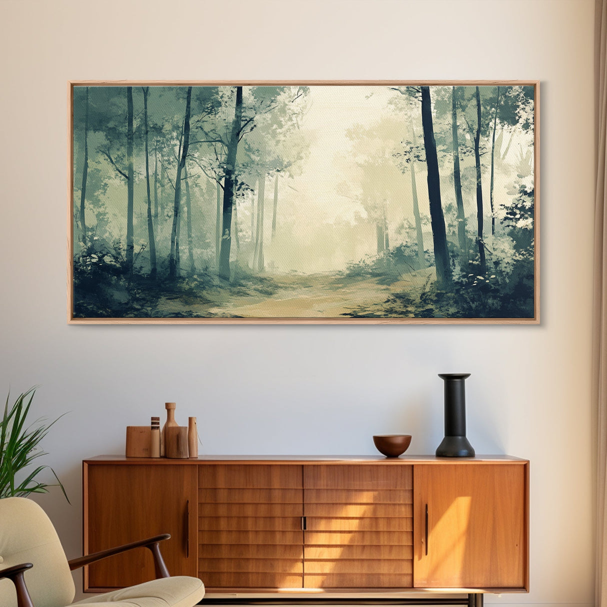 Foggy Forest Path, forest at dusk painting, pine tree art, wabi sabi art, moody art, extra wide art, rustic wall art, Canvas Print
