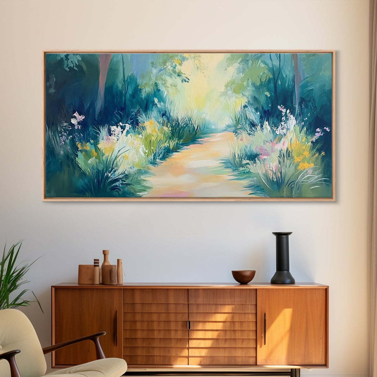 Serene Woodland Trail, wildflower painting, botanical prints, landscape painting, rustic decor, extra wide art, Framed Canvas Print