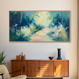 Serene Woodland Trail, wildflower painting, botanical prints, landscape painting, rustic decor, extra wide art, Framed Canvas Print