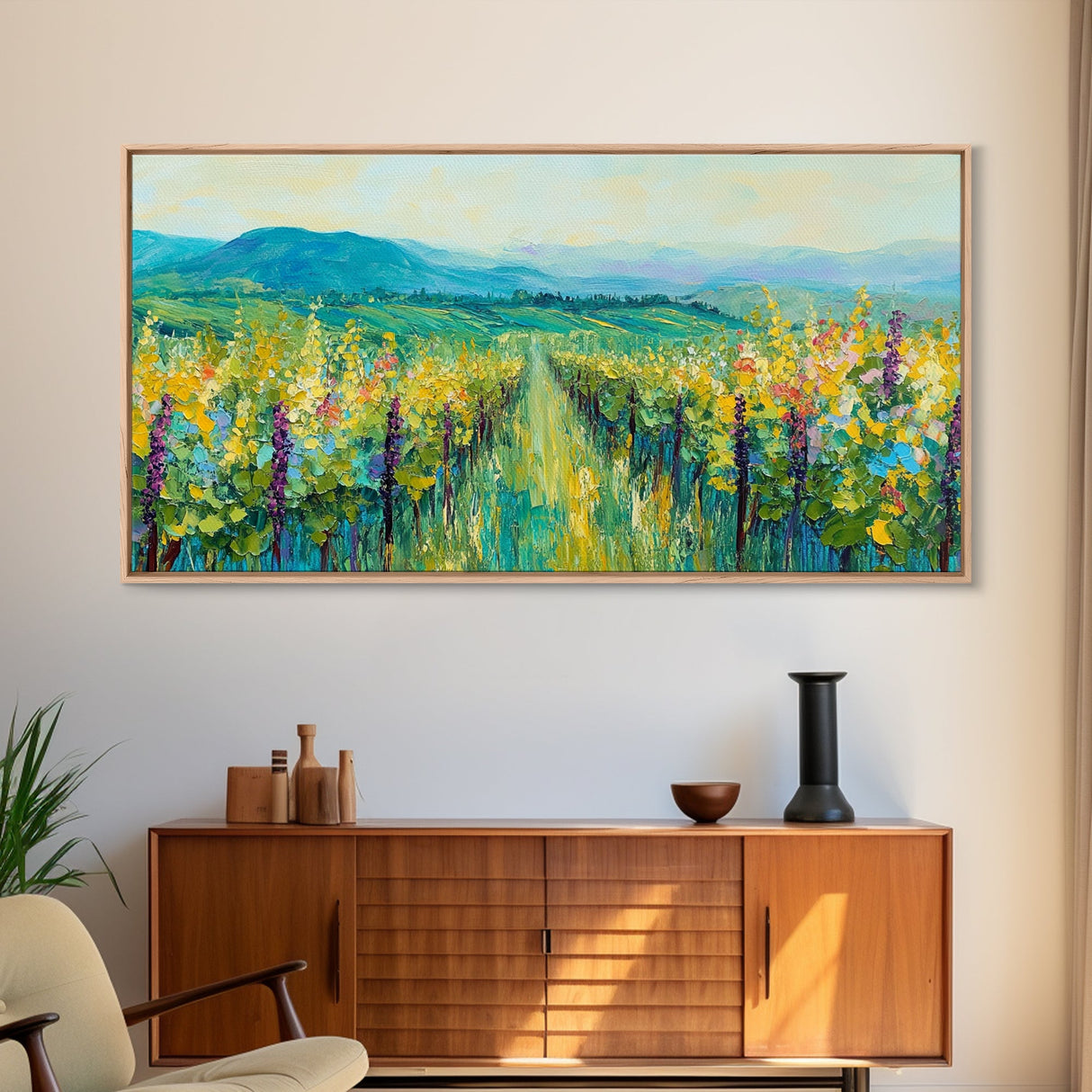 Vineyard Landscape, impressionist painting, framed canvas print, green wall art, farmhouse art, rustic decor, above bed wall art