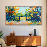 Open Gate, countryside painting, landscape art, framed canvas print, autumn wall art, farmhouse decor, rustic art, extra wide art