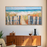 Beach Fence, coastal painting, framed canvas print, nautical decor, seascape painting, blue and green wall art, extra wide art