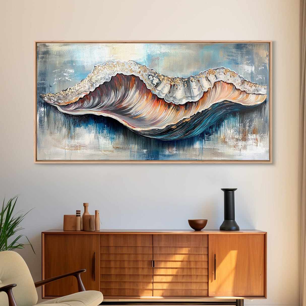 Oyster Shell, coastal painting, framed canvas print, nautical decor, oyster wall art, blue and green wall art, extra wide art