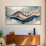 Oyster Shell, coastal painting, framed canvas print, nautical decor, oyster wall art, blue and green wall art, extra wide art