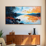 Sunset Lake Reflection, panoramic art, landscape painting, framed canvas print, mountain painting, extra wide art