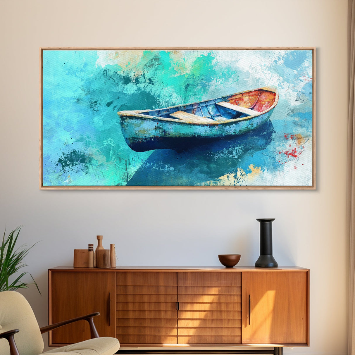Floating Boat, teal watercolor, impressionist seascape, peaceful ocean, nautical painting, Canvas Print, coastal decor, rustic art