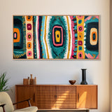 Geometric Abstract, bold colors, sacred geometry art, tribal design, vibrant patterns, extra wide art, Framed Canvas Print, boho art