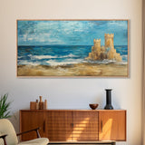 Sandcastle Painting, Coastal Decor, Beach House Wall Art, Nautical Painting, Framed Canvas Print, Seascape Art, Ocean Wave Painting