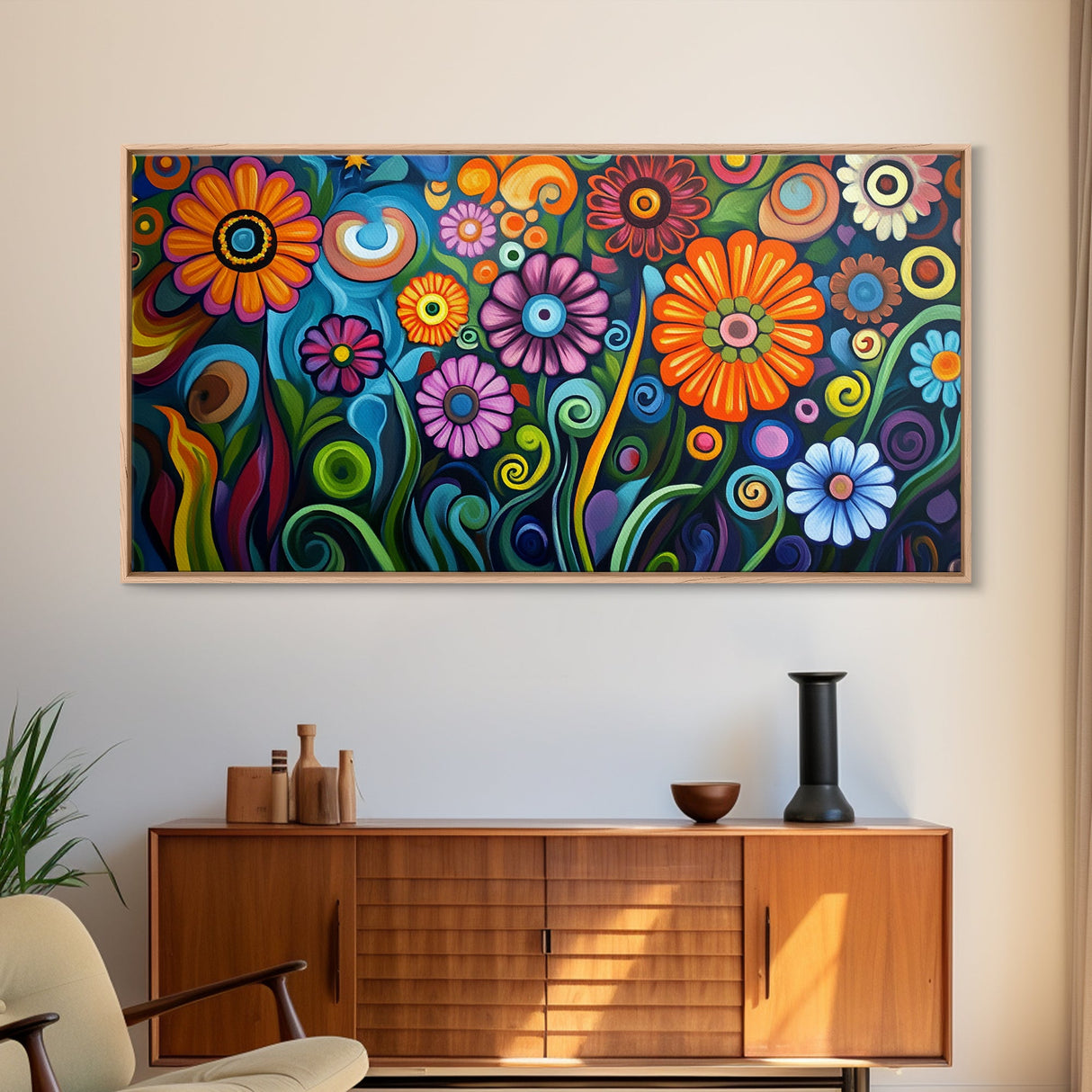 Whimsical Floral Art, Botanical Prints, Colorful Flowers, Framed Canvas Print, Wildflower Painting, Abstract Floral Artwork