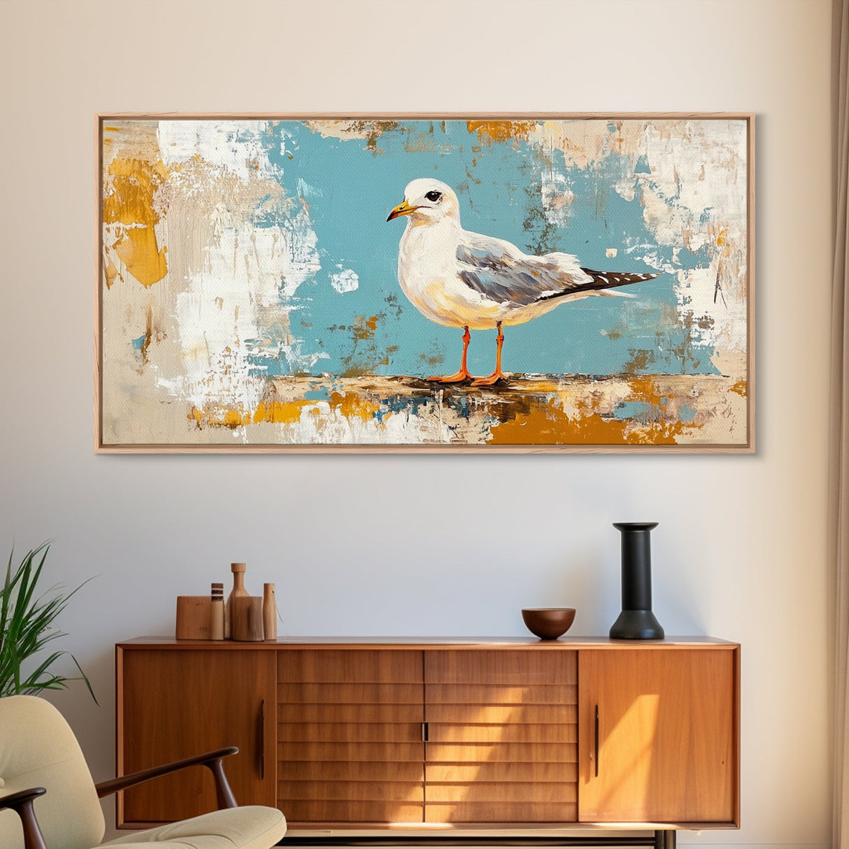 Seagull Painting, Coastal Landscape Art, Nautical Wall Art, Rustic Decor, Framed Canvas Print, Beach House Art, Bird Art