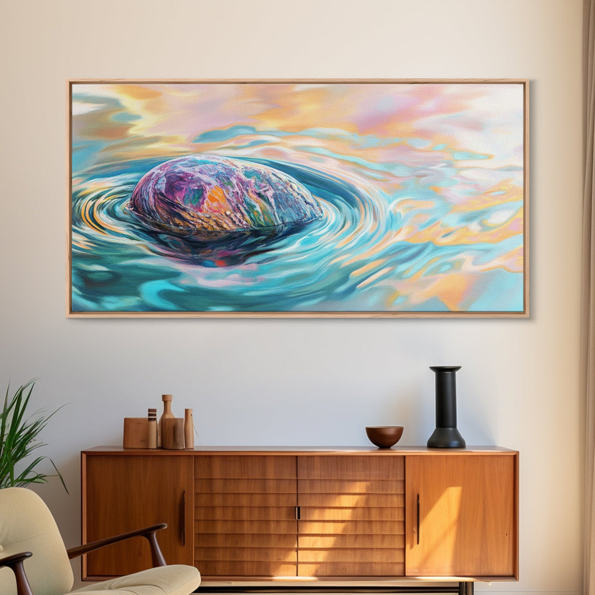 Floating Rock Art, surreal ocean painting, teal wall art, light pink wall art, moody art, nautical wall art, framed canvas print
