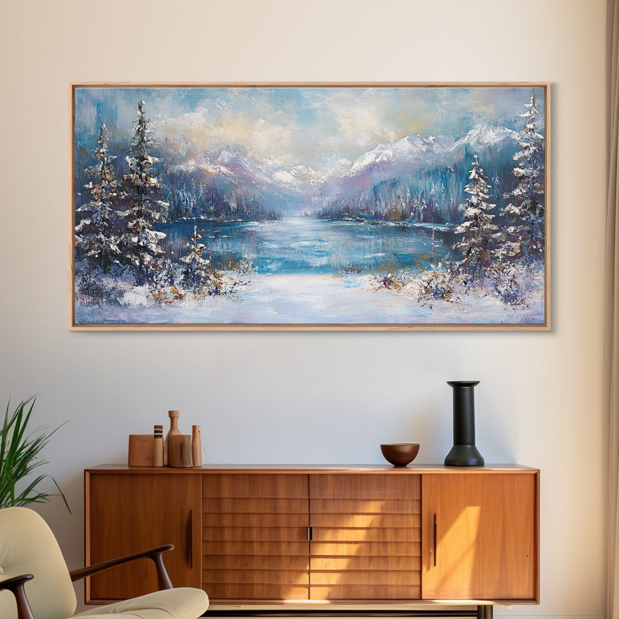 Lake Tahoe Art, Snowy Landscape, Winter Cabin Decor, Framed Canvas Print, Blue and Green Wall Art, Horizontal Wall Art