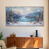 Lake Tahoe Art, Snowy Landscape, Winter Cabin Decor, Framed Canvas Print, Blue and Green Wall Art, Horizontal Wall Art