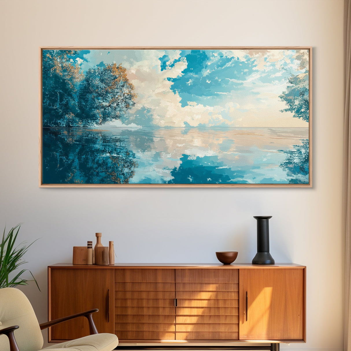 Reflective Lake Art, Tranquil Landscape, Wabi Sabi Art, Framed Canvas Print, Minimalist, Above Bed Wall Art, Panoramic Painting
