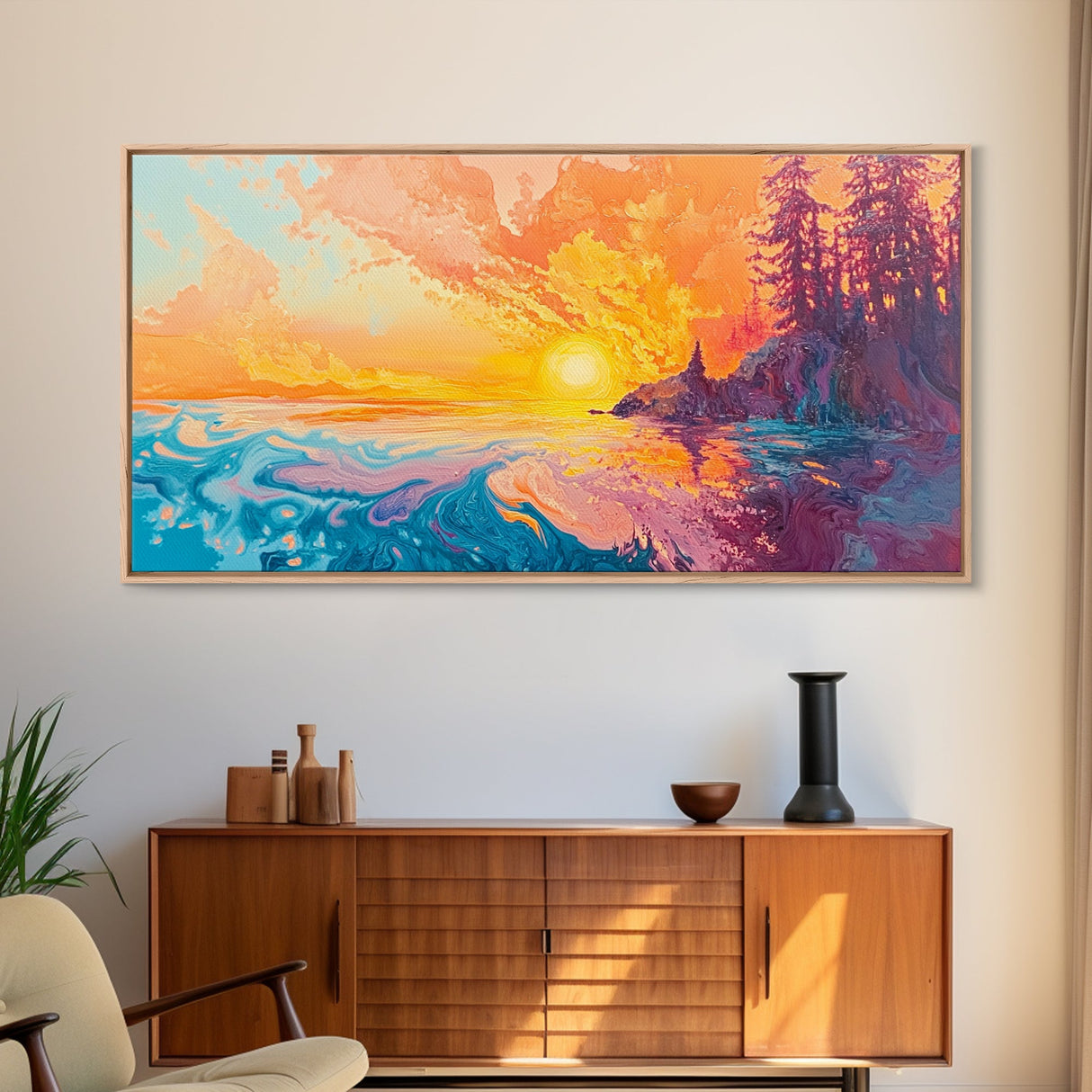 Fiery Sunset, Moody Art, Lake Tahoe Art, Colorful Landscape, Southwest Wall Art, Panoramic Painting, Framed Canvas Print, Nature Art