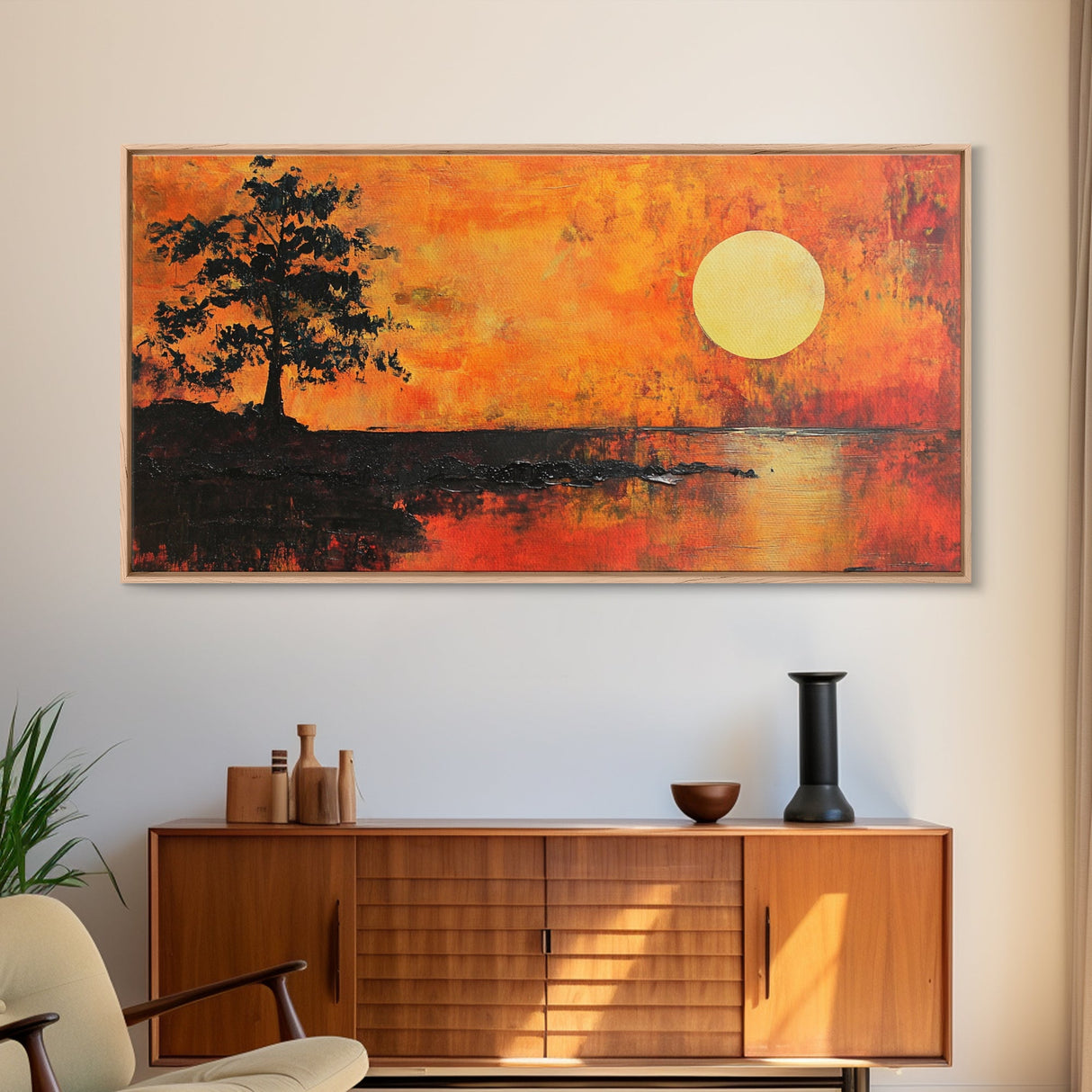 Sunset Tree, orange wall art, oak tree art, moody art, panoramic art, extra wide art, rustic wall art, Framed Canvas Print