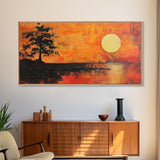 Sunset Tree, orange wall art, oak tree art, moody art, panoramic art, extra wide art, rustic wall art, Framed Canvas Print