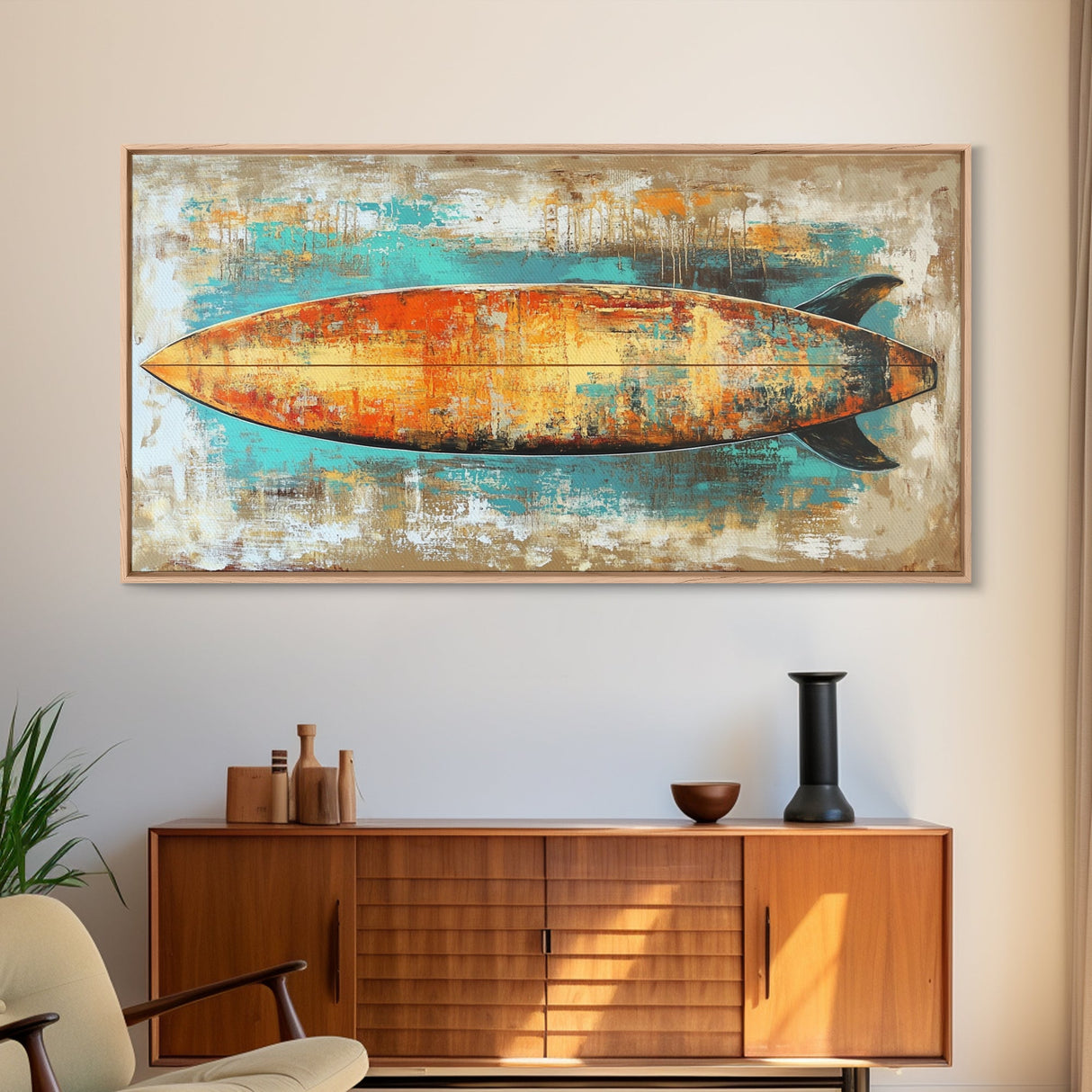 Rustic Surfboard, coastal decor, surf wall art, nautical painting, extra wide art, boho art, beach house decor, Canvas Print